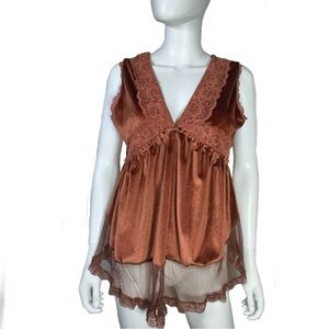 Women’s Velour &  Lace Sleeveless Plunging  V-Neck Open Back Top